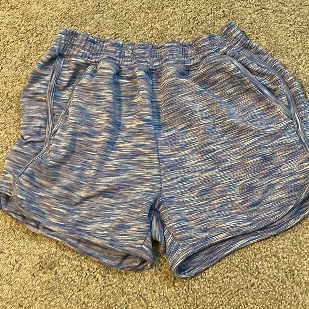 runway purple, blue, and white shorts